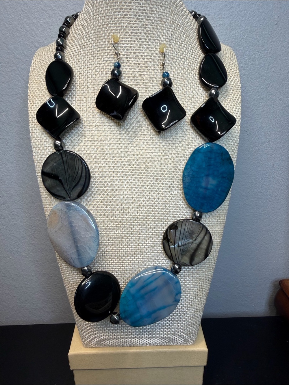 Handmade Blue and Black Statement Necklace & Earring Set